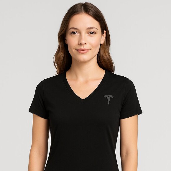 Tesla Women’s Black V-Neck T-Shirt Medium Logo Tee Casual Top - Picture 1 of 8